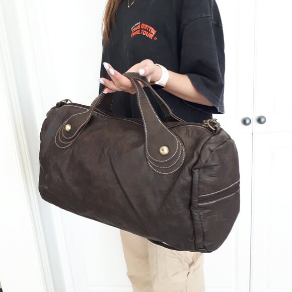 Genuine Leather Travel Weekender Duffel Bag Brown Like New - Picture 2 of 7